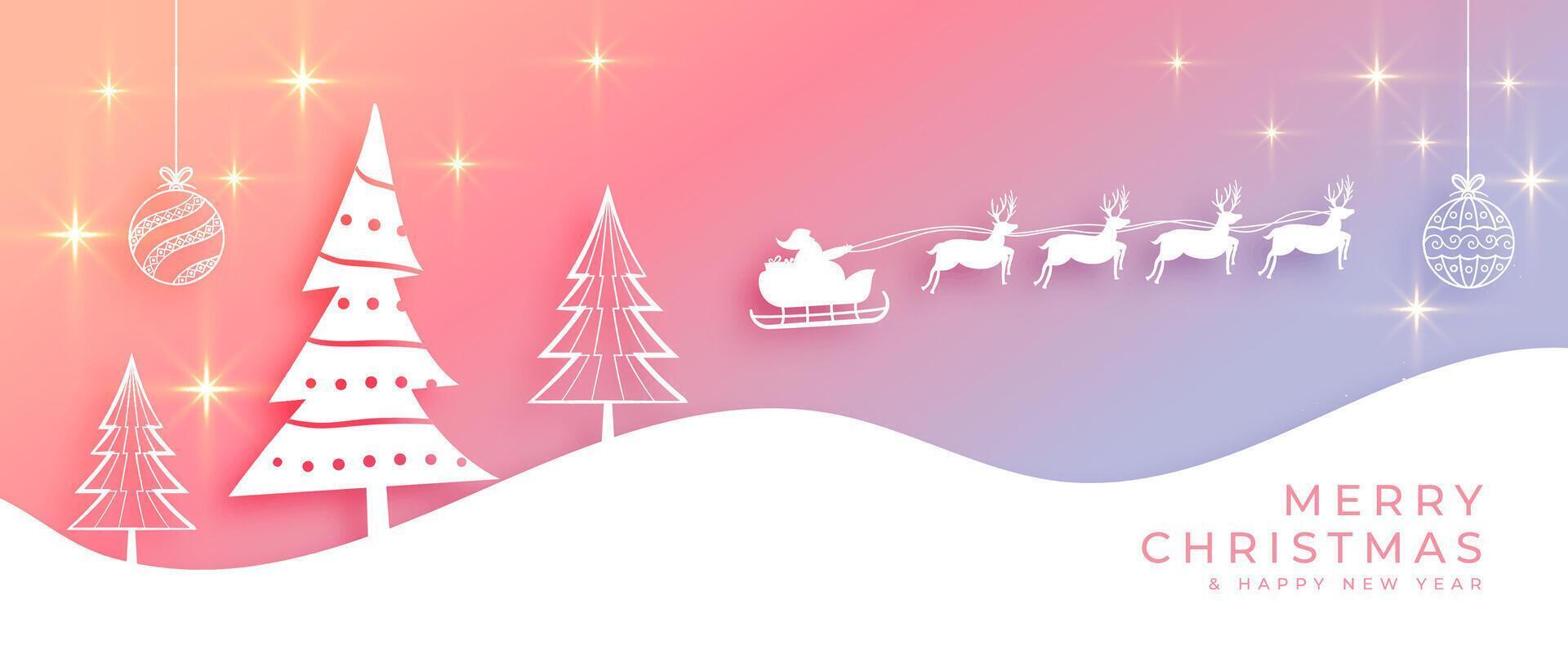decorative merry christmas festive holiday banner with papercut santa sleigh vector