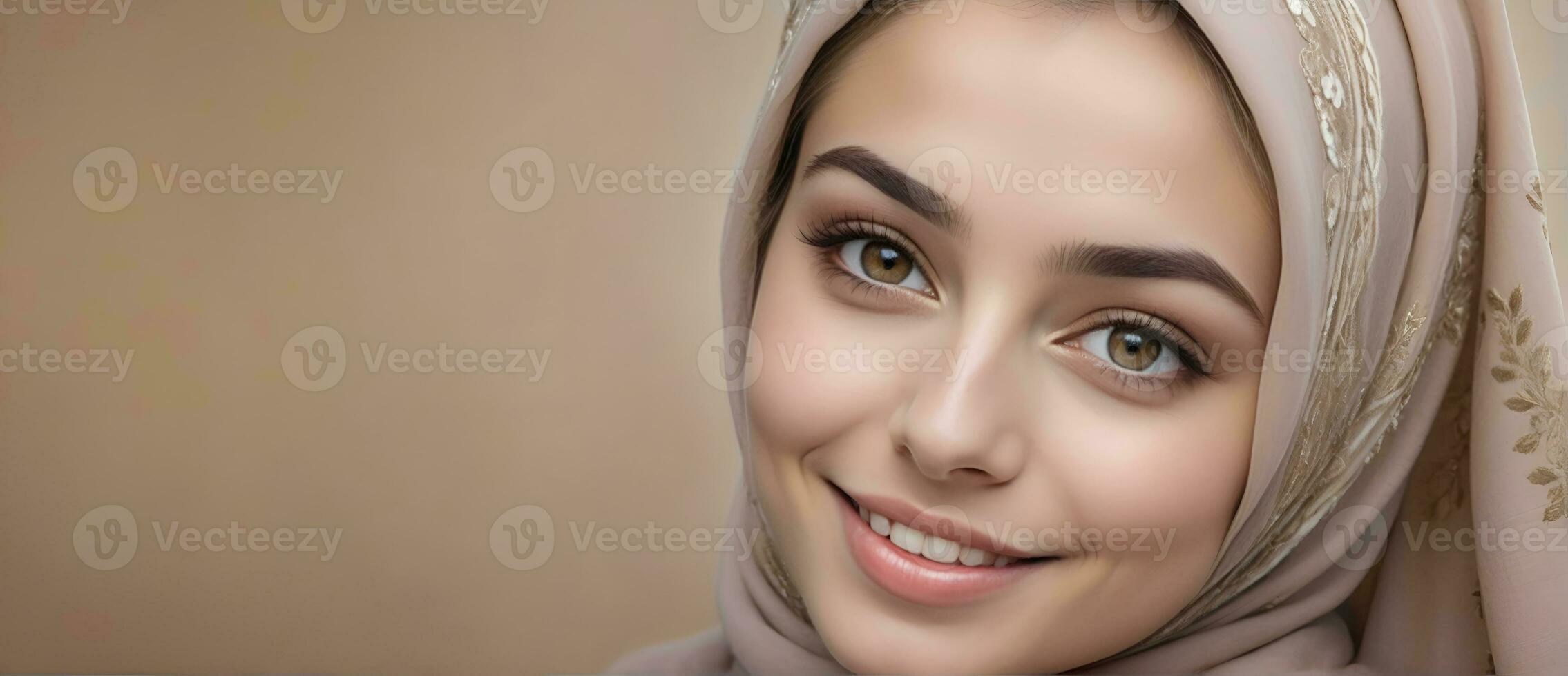 AI generated Beautiful Muslim woman smiling and laughing wearing a hijab and decorated shawl photo