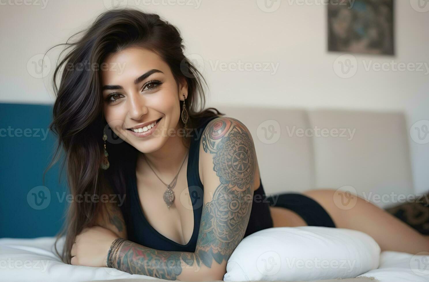 ai generado retrato de un mujer con un cuerpo lleno de artístico tatuajes foto