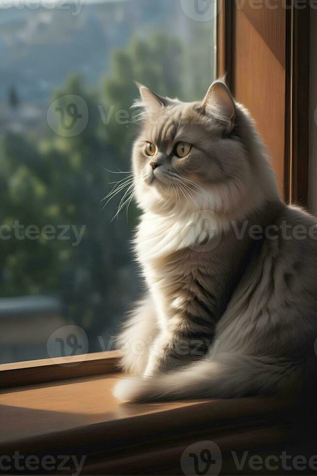 AI generated image of a cute cat seated on a windowsill photo