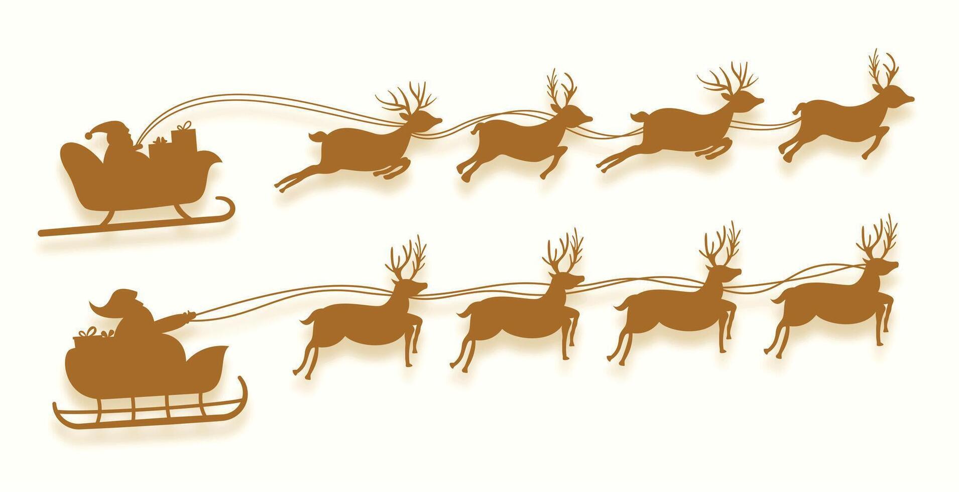 set of santa claus flying on reindeer sleigh design for xmas celebration vector