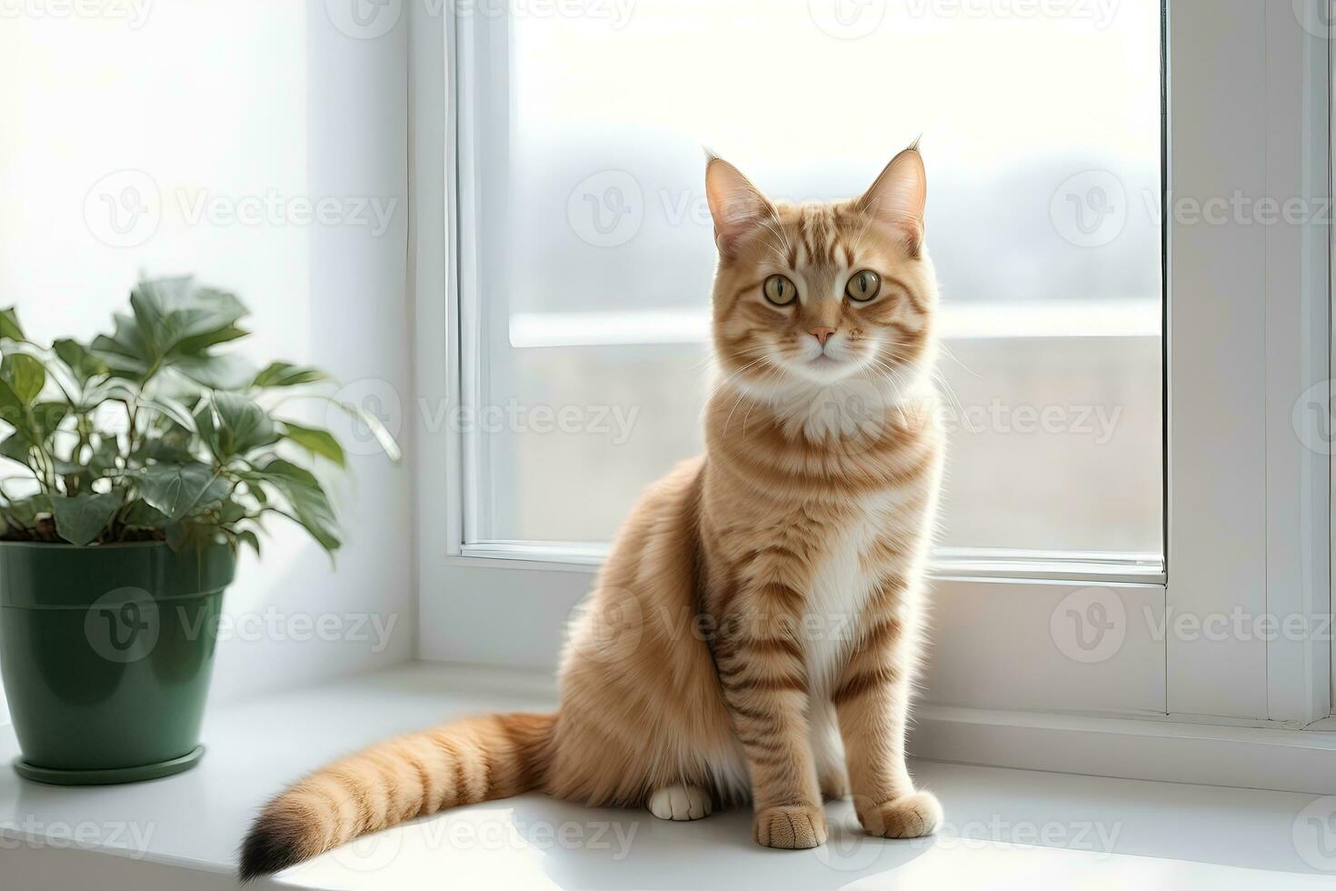 AI generated image of a cute cat seated on a windowsill photo