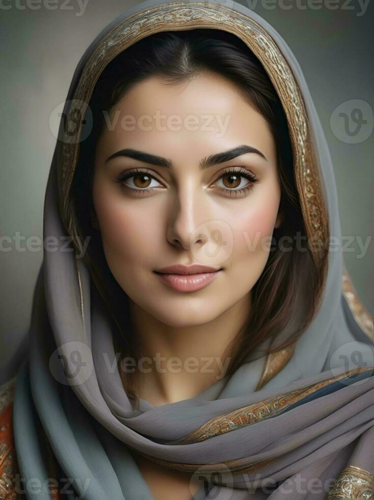 AI generated Beautiful Muslim woman smiling and laughing wearing a hijab and decorated shawl photo