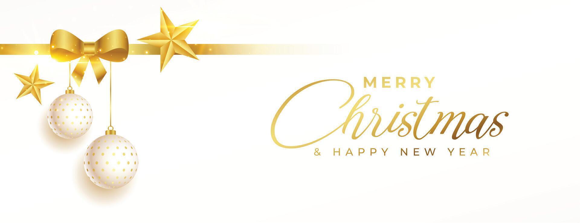 premium christmas banner with balls and golden ribbon stars vector