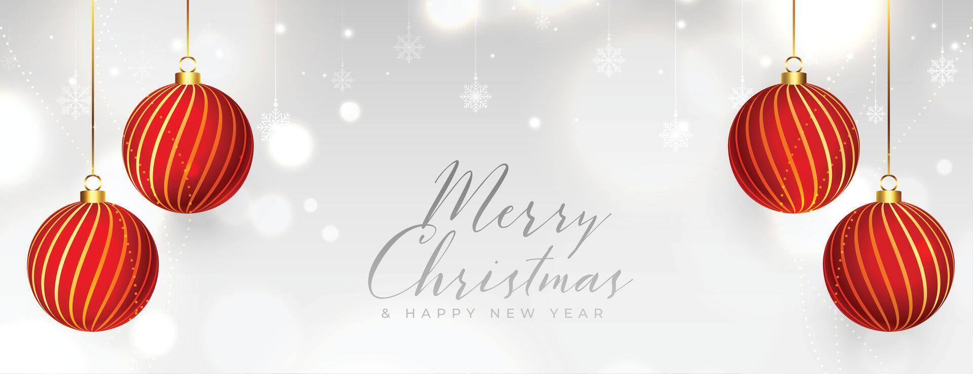 realistic merry christmas balls white bokeh banner design vector