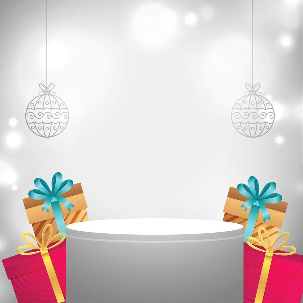 3d podium with realistic gift box design on grey background vector