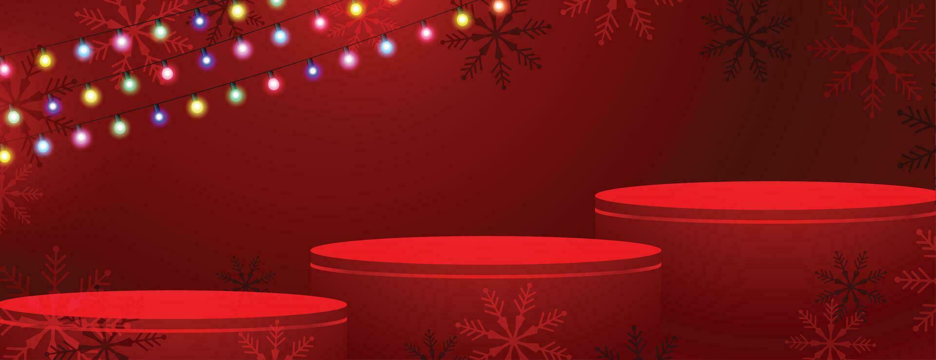3d podium platform on merry christmas red banner with light string vector