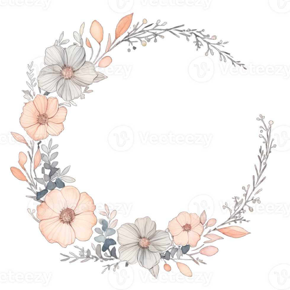 AI generated White floral watercolor illustration for wedding invitation. Botanical frame png