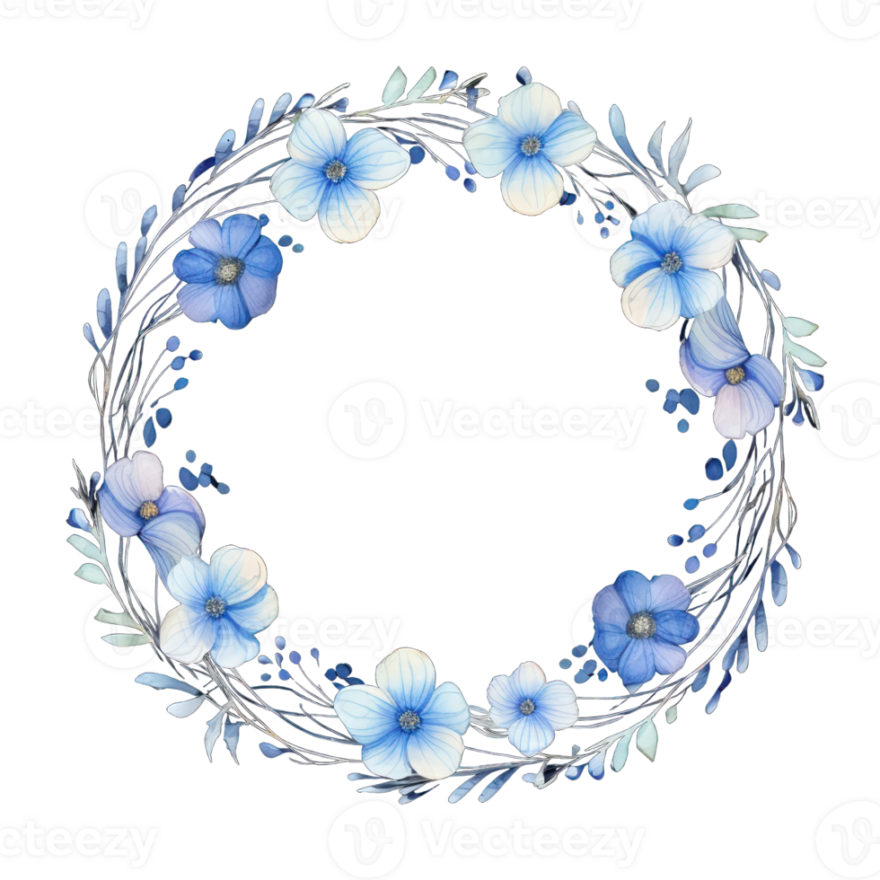 AI generated Blue floral watercolor illustration for wedding invitation. Botanical frame png
