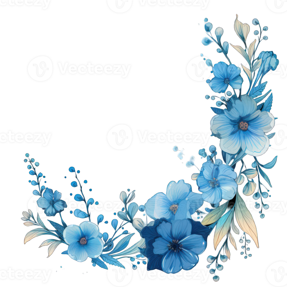 AI generated Blue floral watercolor illustration for wedding invitation. Botanical frame png