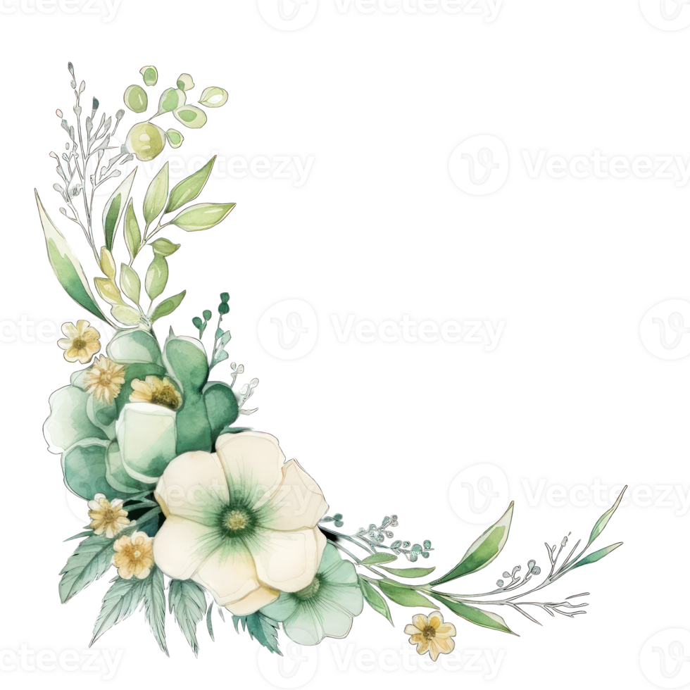 AI generated Green floral watercolor illustration for wedding invitation. Botanical frame png
