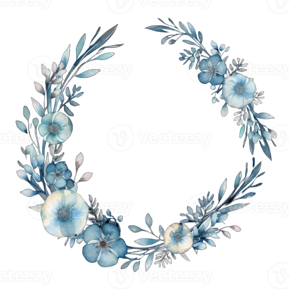 AI generated Blue floral watercolor illustration for wedding invitation. Botanical frame png
