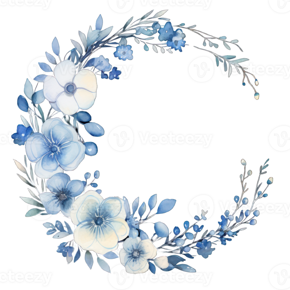 AI generated Blue floral watercolor illustration for wedding invitation. Botanical frame png