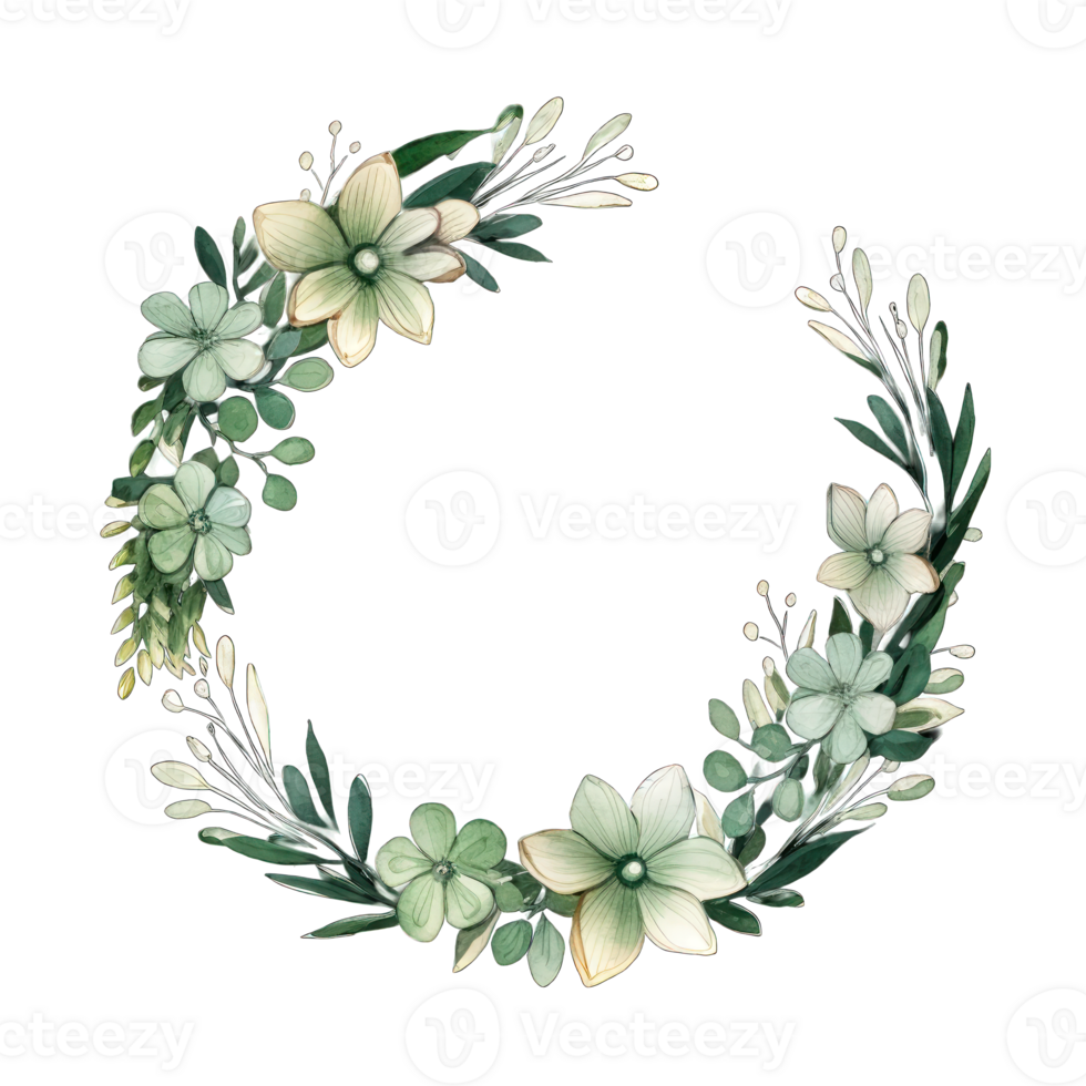 AI generated Green floral watercolor illustration for wedding invitation. Botanical frame png