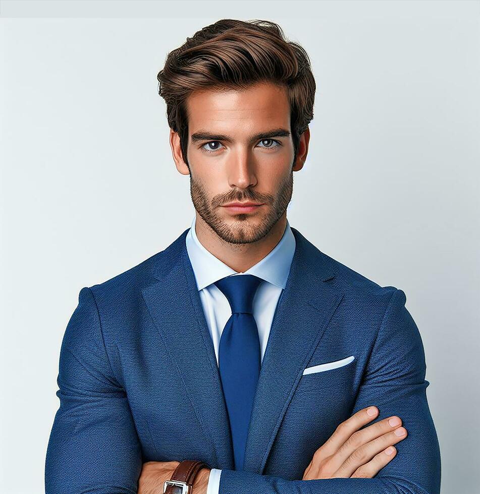 AI generated A front and full view of A handsome Spanish businessman wearing a blue suit and white shirt with a blue tie looking looking straight at the camera with crossed arms on a white background photo