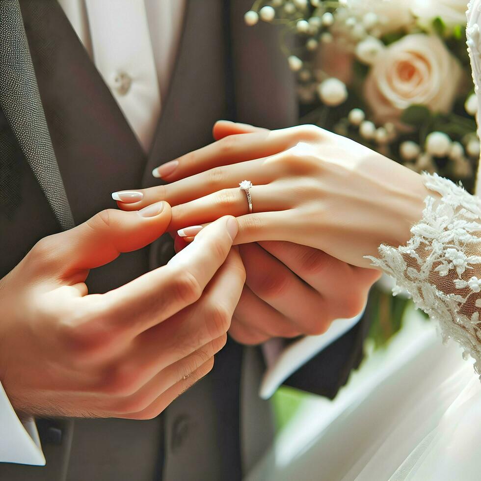 AI generated Bridal Ring Placed on the Finger of the Groom photo