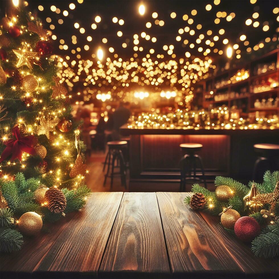 ai generado un Navidad árbol, de madera mesa y dorado bokeh son todas borroso en contra el antecedentes de un bar o restaurante foto