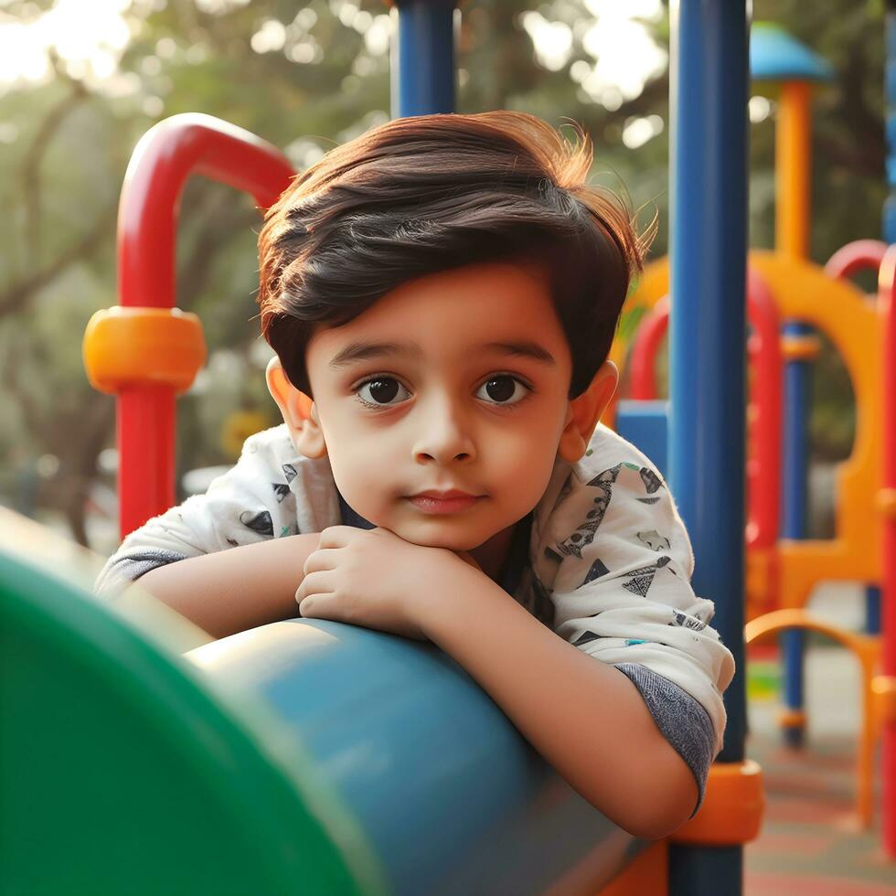 ai generado un encantador chico teniendo divertido en un para niños parque foto