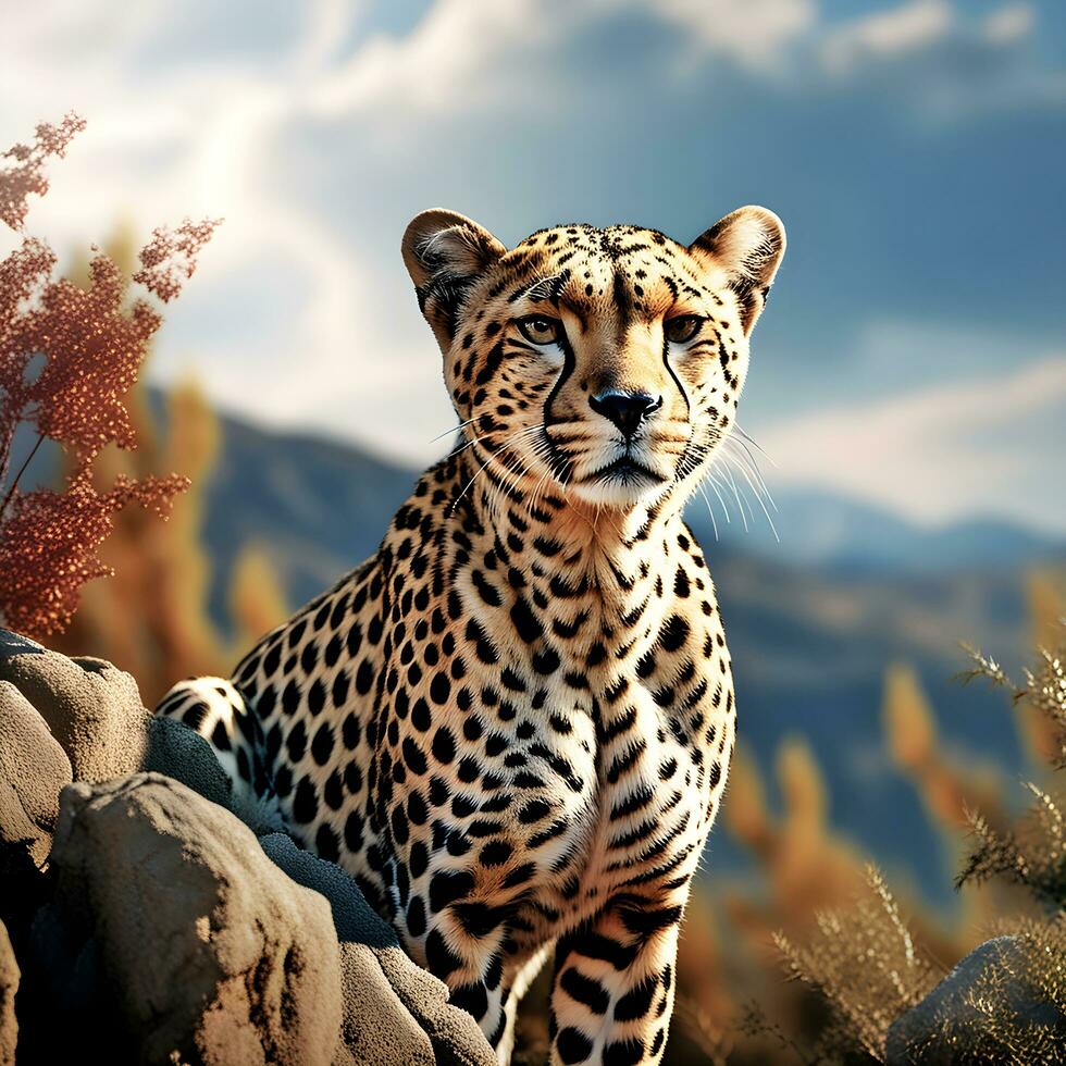 AI generated A wild cheetah sitting on a rock in a field of grass and bushes with a mountain in the background photo