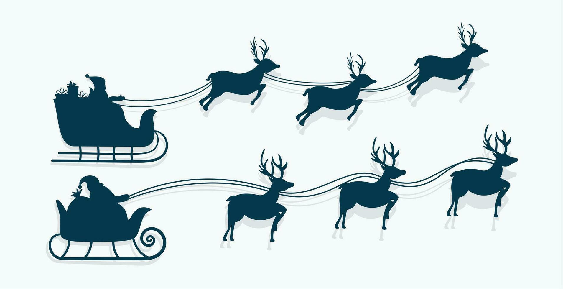 set of isolated santa claus flying on sleigh with reindeer desgin for xmas vector