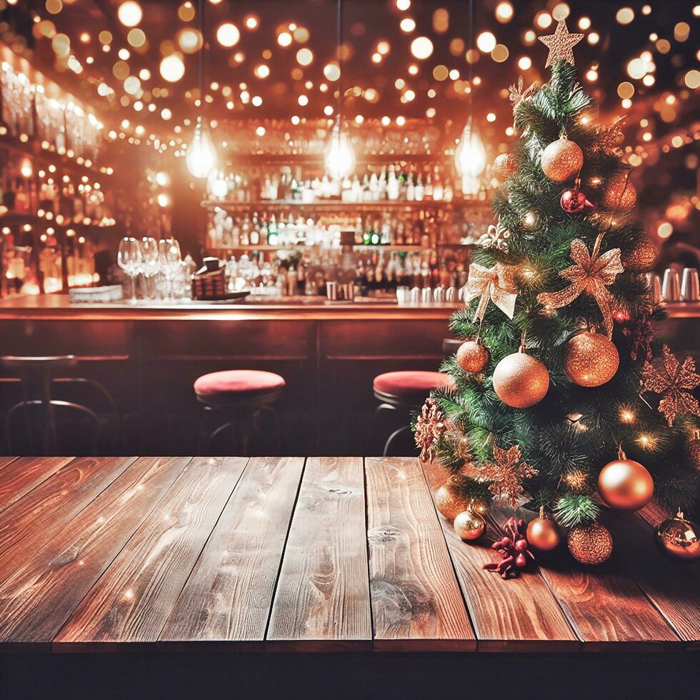 ai generado un borroso bar o restaurante antecedentes con dorado Bokeh, de madera mesa y Navidad árbol foto
