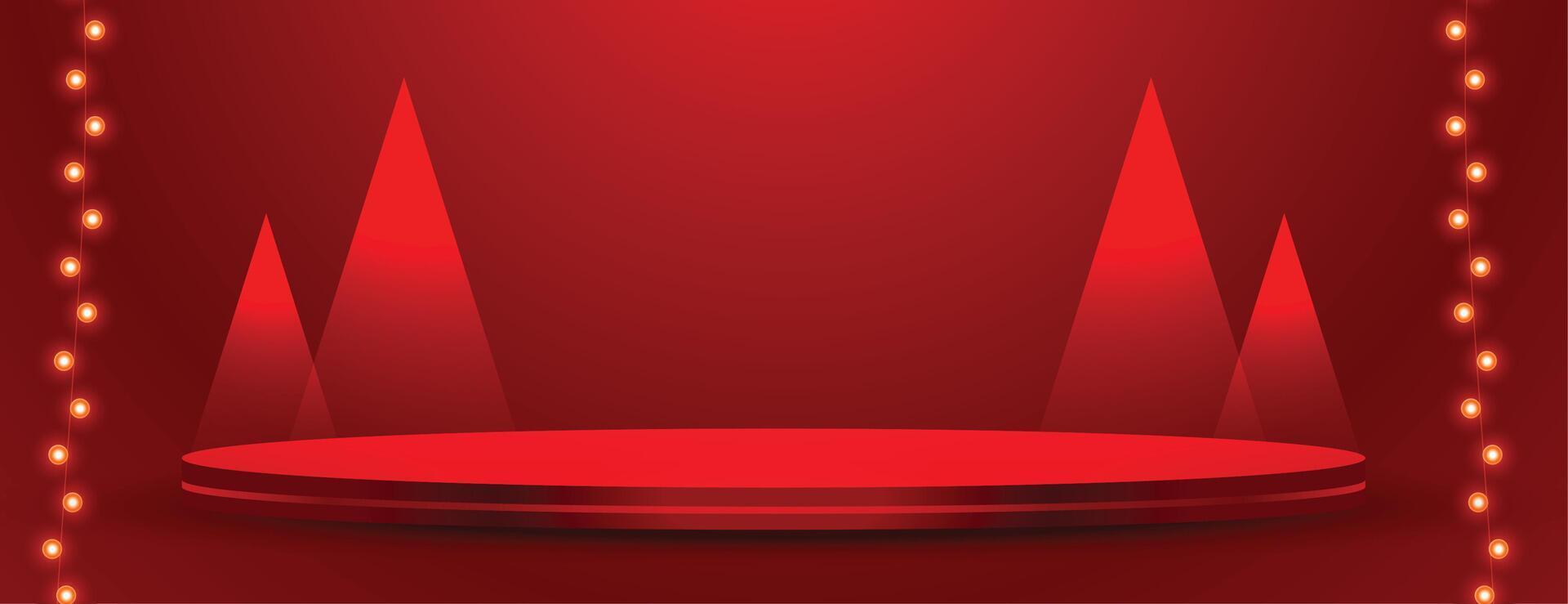 modern 3d podium red banner with christmas tree vector