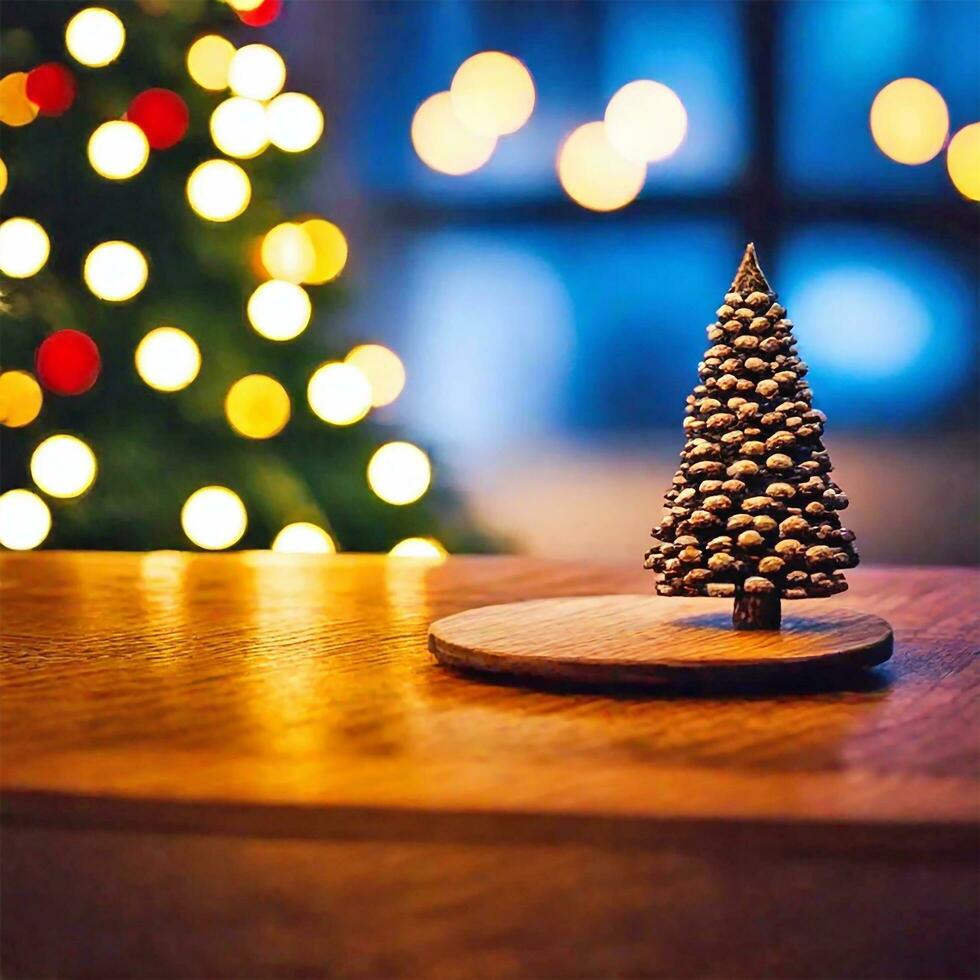 AI generated A fuzzy picture of a small Christmas tree on a wooden