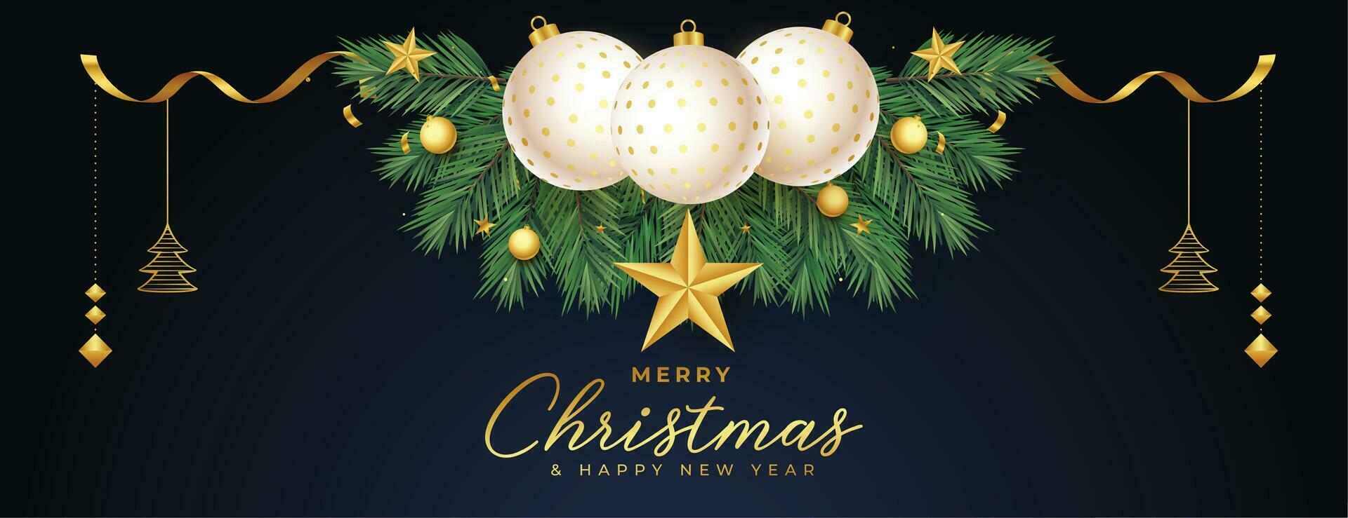 merry christmas horizontal banner with 3d realistic render elements vector