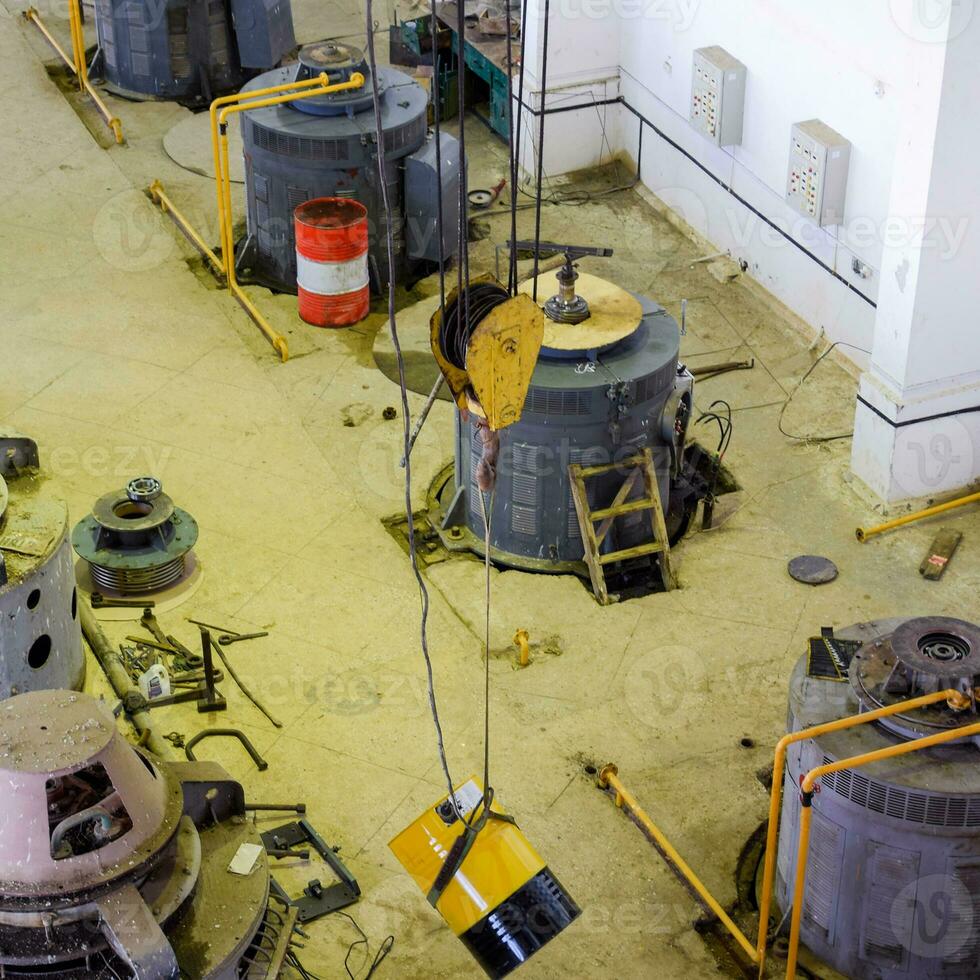 Engines of water pumps at a water pumping station. Pumping irrig photo