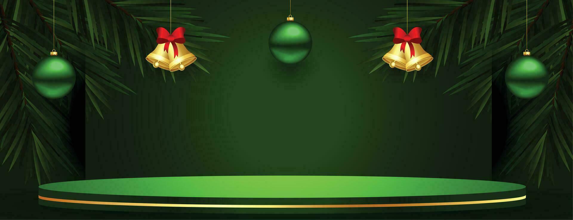3d podium green banner with xmas bell and ball in hanging style vector