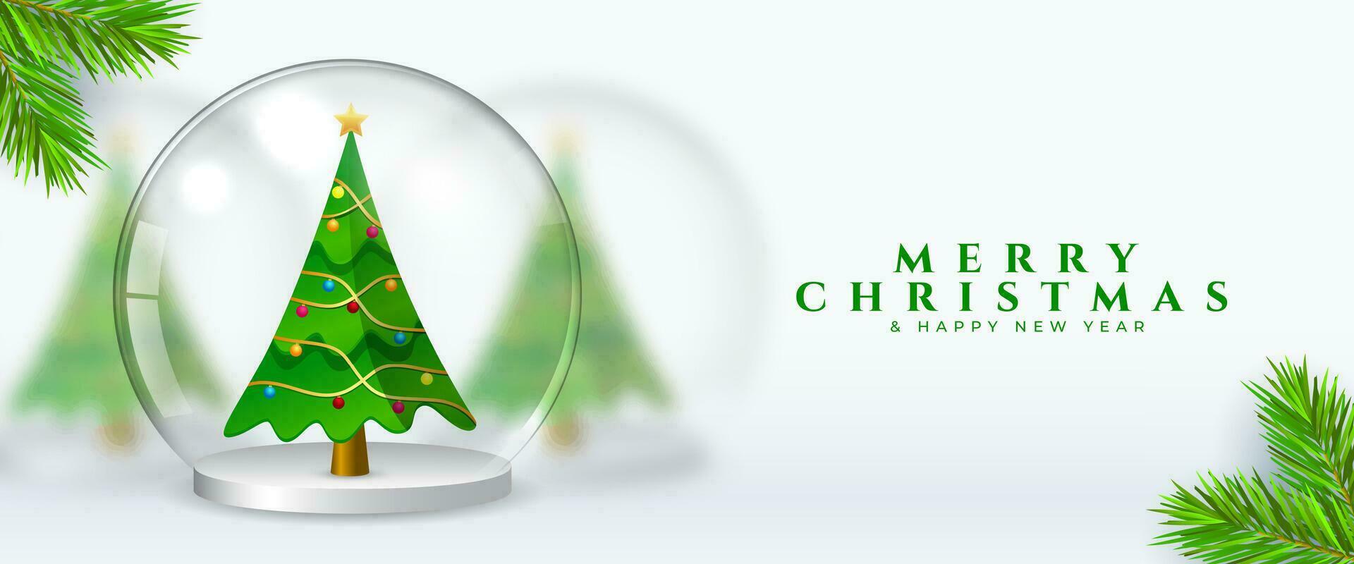 merry christmas event greeting wallpaper with xmas tree and fir decor vector