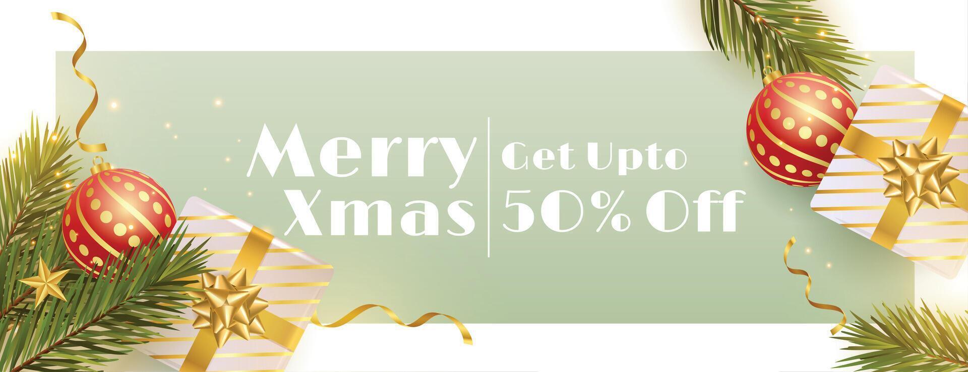 realistic merry christmas sale banner with 3d render elements of gift box and ball vector