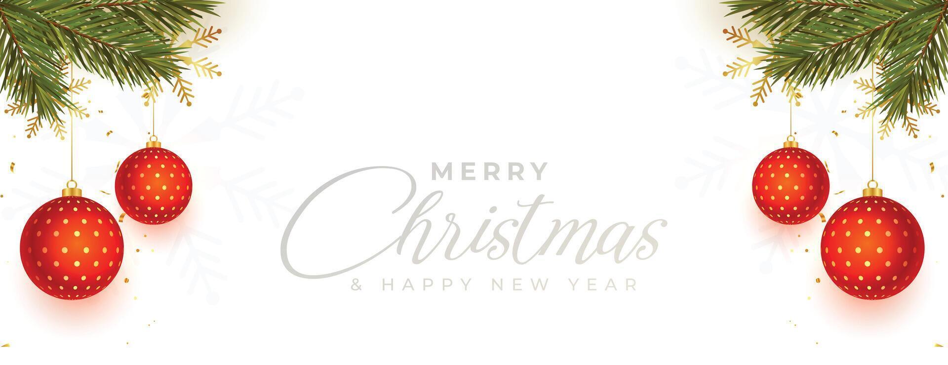 realistic merry christmas and new year banner with xmas balls and pine tree leaves vector