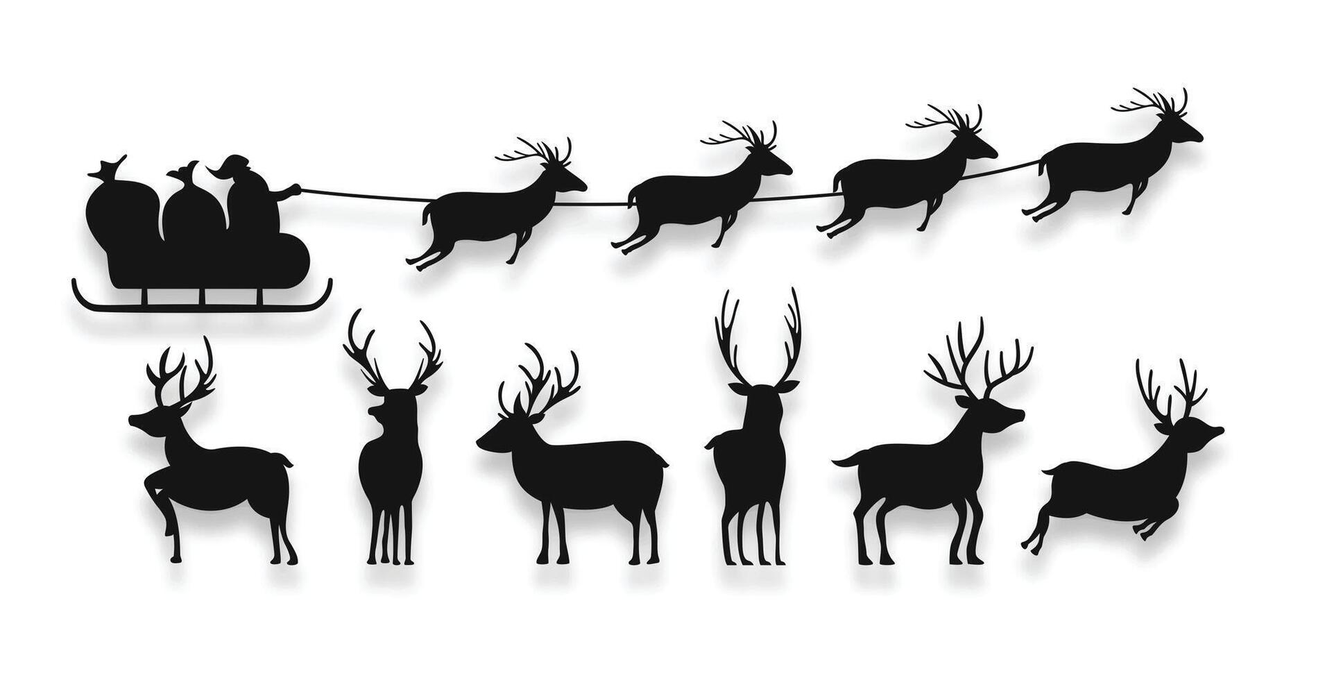 silhouette of santa claus flying on sleigh with reindeer design in set vector