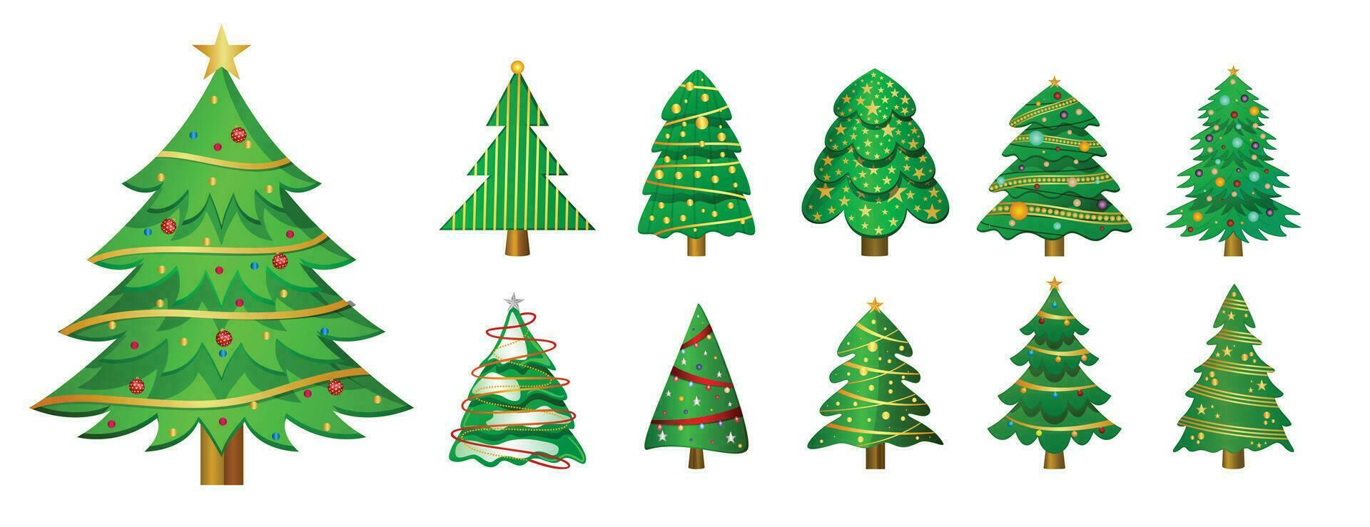 set of green christmas tree symbols for xmas decoration design vector