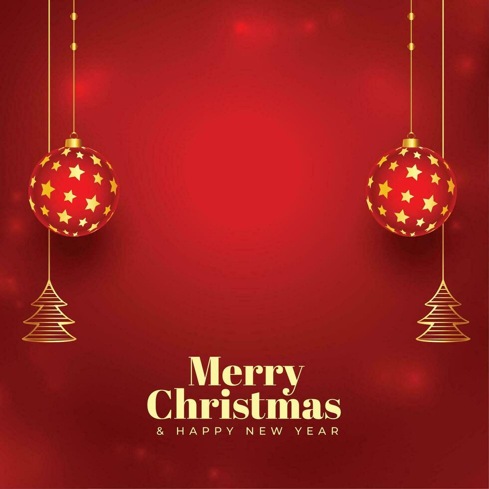 golden merry christmas red background with xmas ball design vector