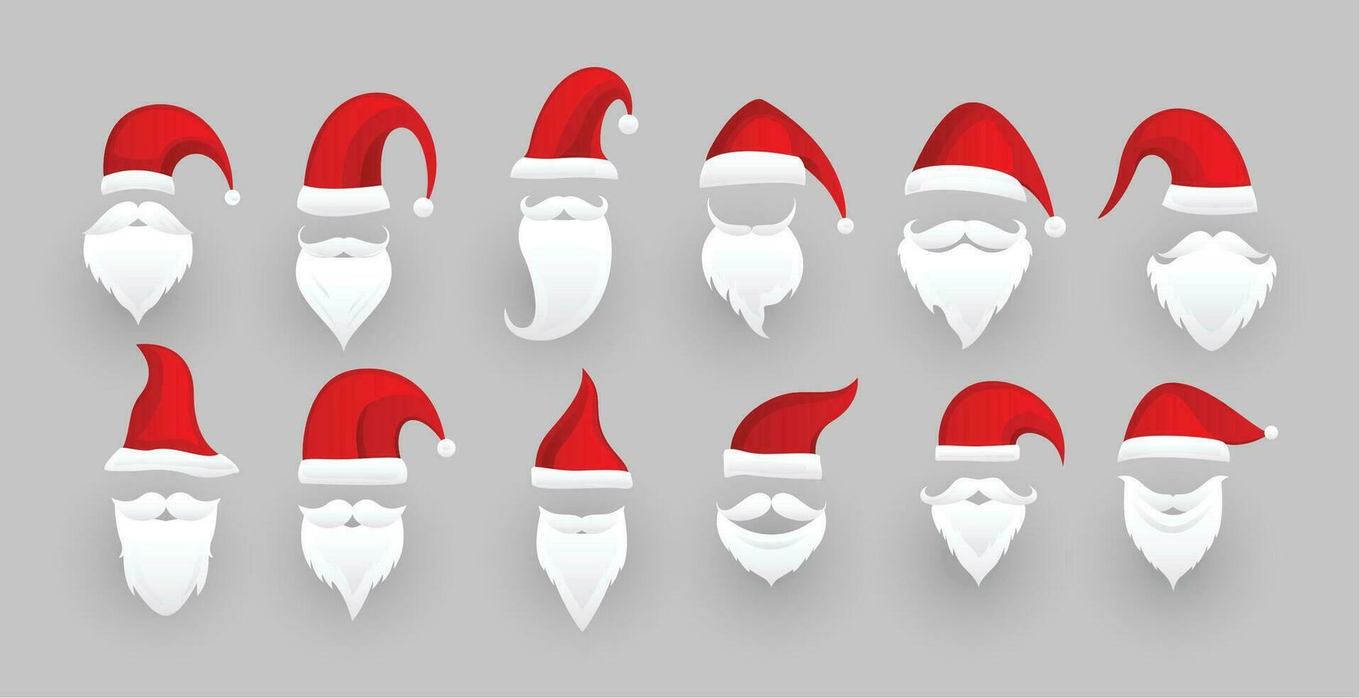 pack of santa claus hats and beard in different design vector