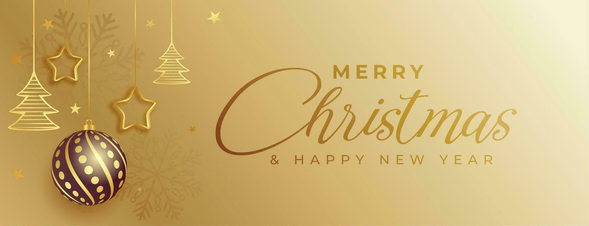 hermosa alegre Navidad dorado bandera con colgando decorativo elementos vector