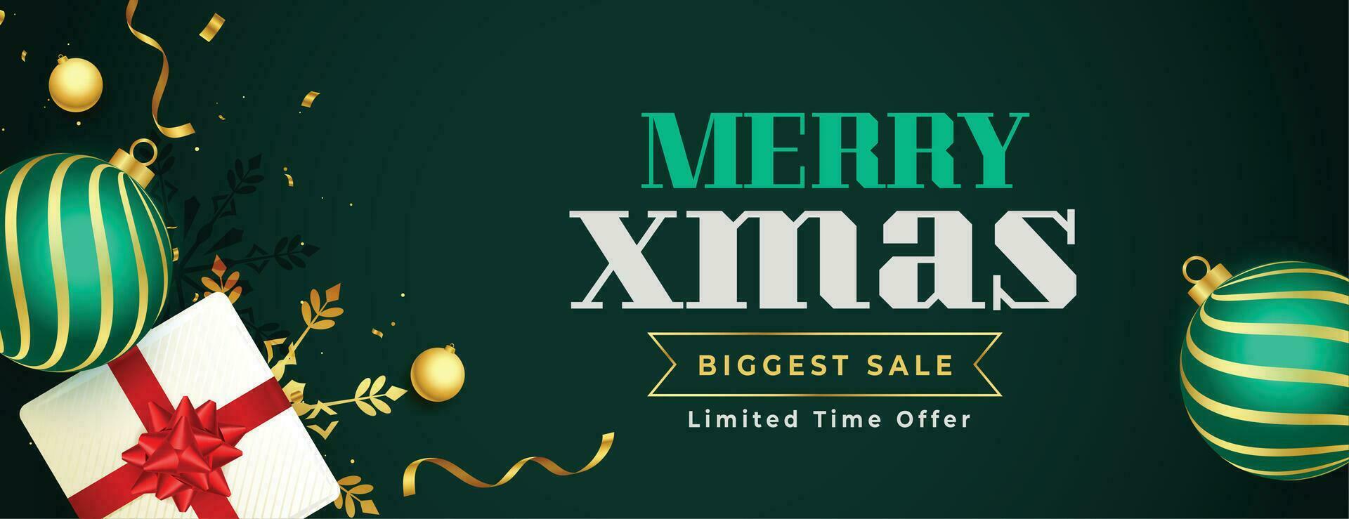 merry christmas sale banner with realistic gift boxes and balls decoration vector