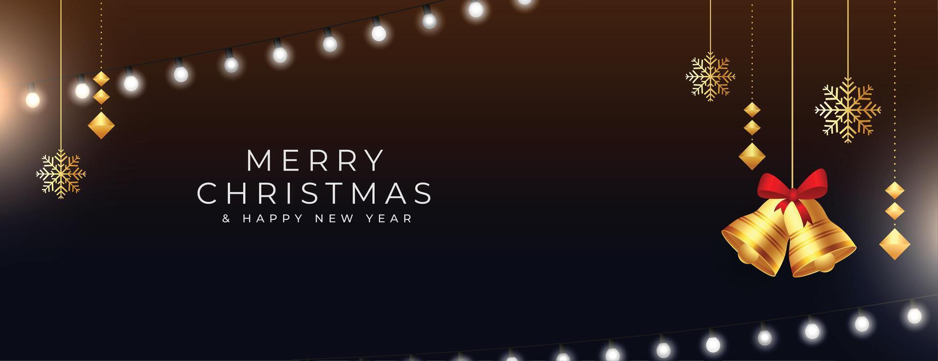 merry christmas and new eve banner with jingle and light string vector