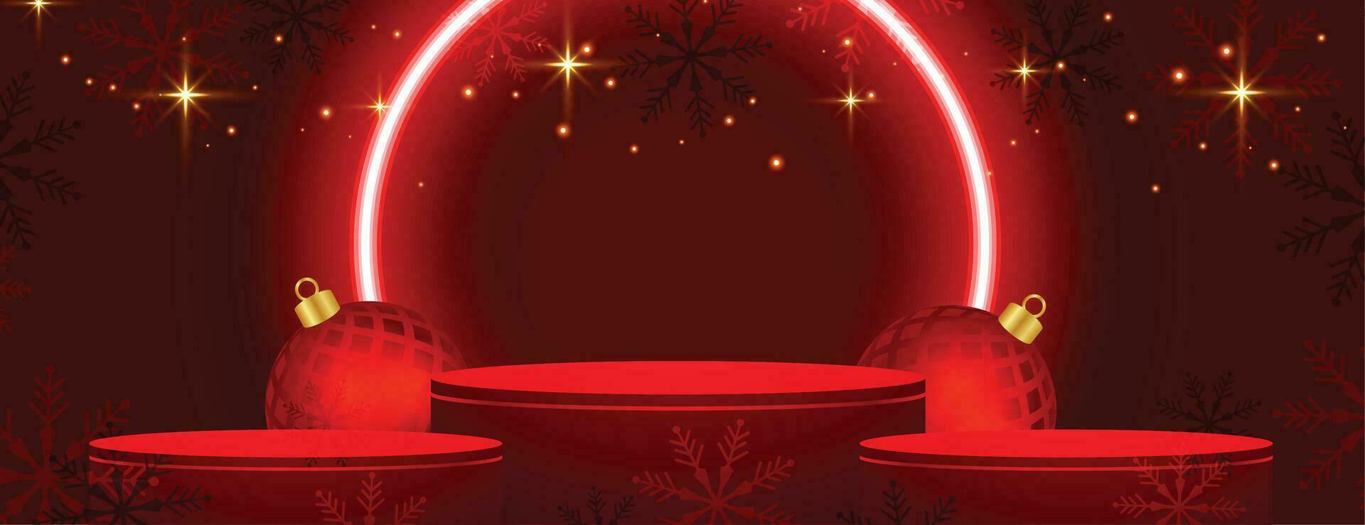 neon style merry christmas red banner with 3d podium and bauble vector