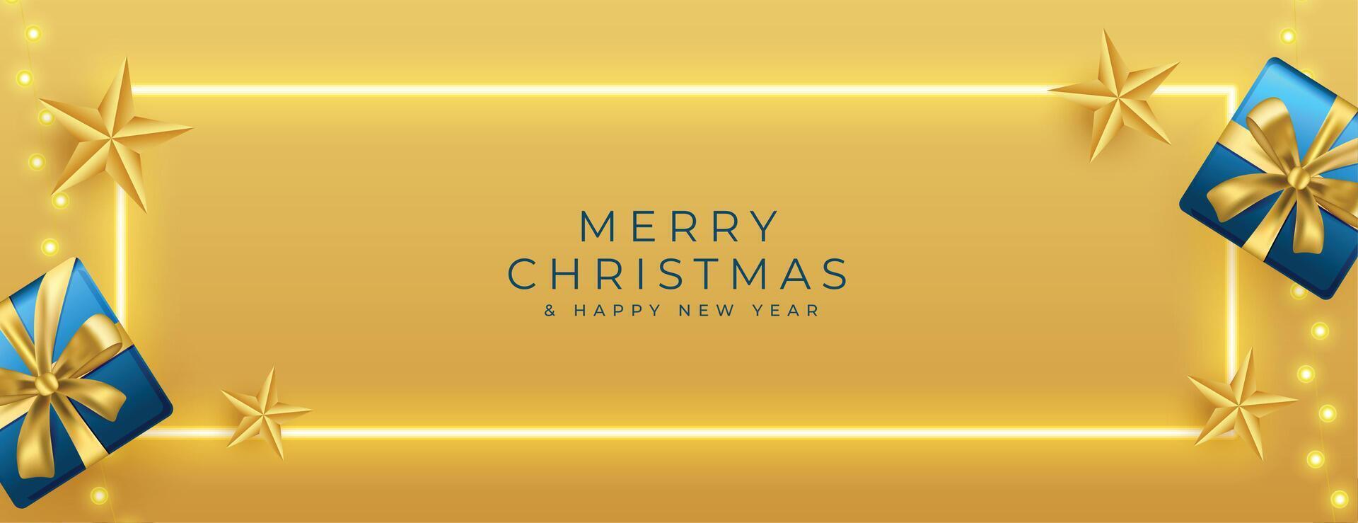 brillante alegre Navidad dorado bandera con caja de regalo y luces vector