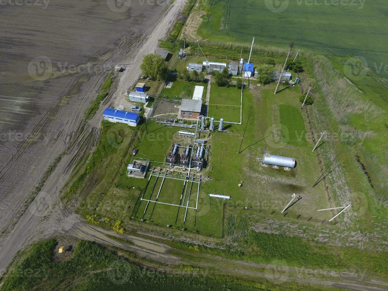 Equipment for the drying gas and condensate collection. Top view. Top view of the equipment for oil separation. Equipment for the drying gas and condensate collection. Oilfield equipment. photo