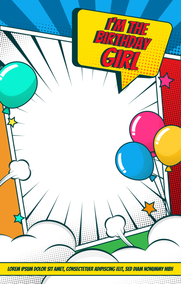 Comic book page template frame with speech bubble and balloons for a birthday card png