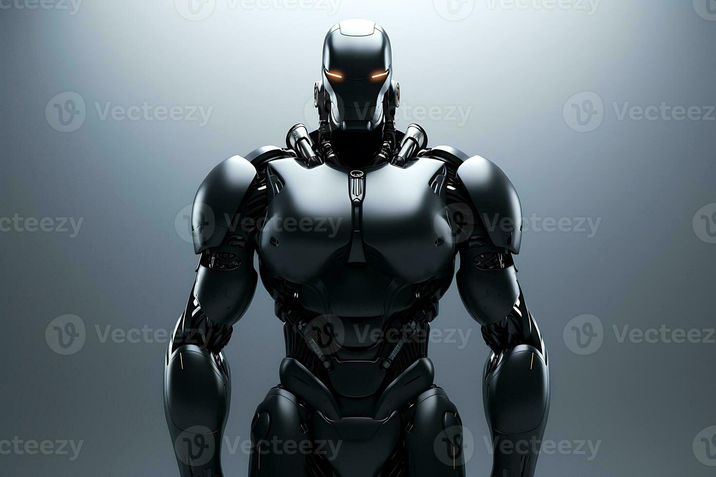 AI generated Humanoid robot with a black metal body on a gray background. photo
