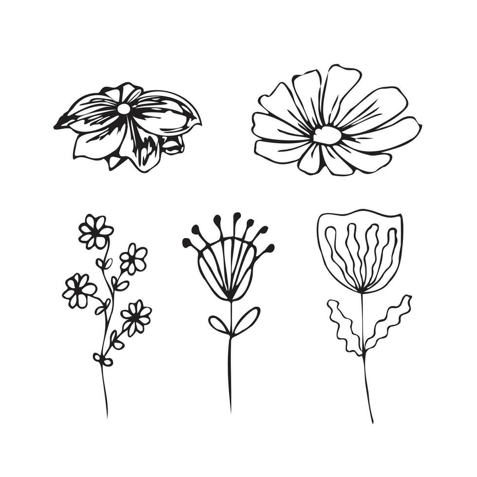 Set of handmade flowers in Doodle style. vector