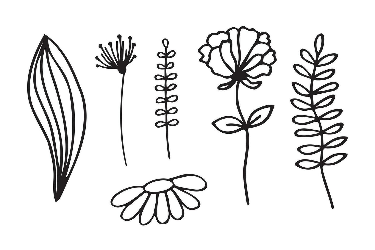 Set of handmade flowers and leaves in Doodle style. vector