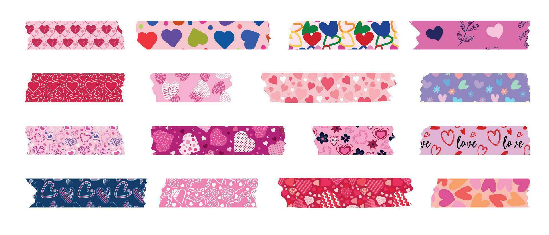 Collection of Washi tapes for Valentine's Day. Colorful scrapbook strips, sticky labels with hearts. vector