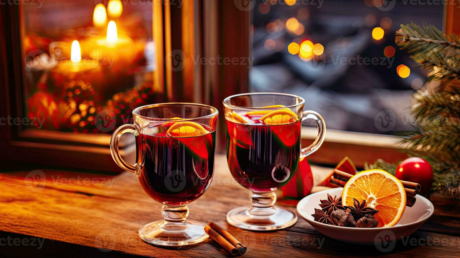 AI generated Christmas mood, Hot mulled wine on a wooden table surrounded by New Year decorations, on a blurred background photo