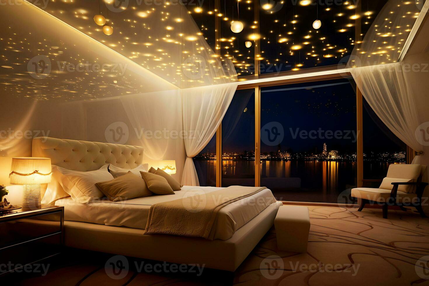 ai generado moderno acogedor dormitorio con brillante estrella techo foto